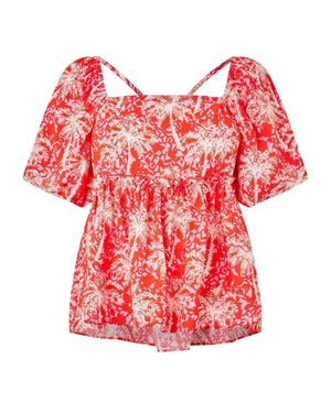 Biba Bluse Für Damen, Eckiger Ausschnitt, Puffärmel /Weiß) - Rot