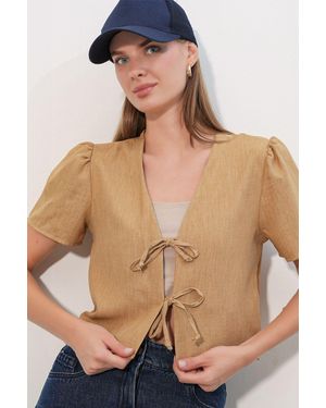 Bigdart Strukturiertes V-Ausschnitt-Crop-Top Aus Leinenmix - Natur