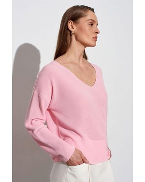 Dilvin Damen V-Ausschnitt Rippstrickpullover - Pink