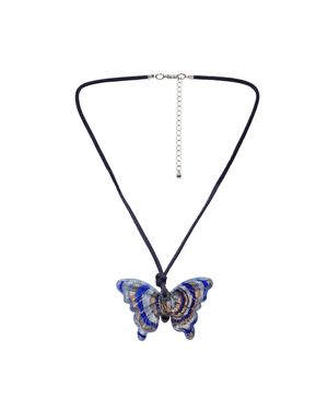 Steuer Modeschmuck Anhänger Mit Kette Blaues Textilband Mit Schmetterling Aus Glas - Weiß