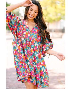 Everyday the Label Himmelblaue Blumenprint Krawatte Mit Schlitz Hals Bubble Sleeve Babydoll Kleid - Rot