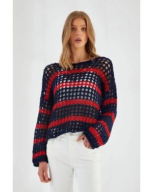 MixRay Dicker Strukturierter Gestreifter Oversize-Strickpullover - Rot