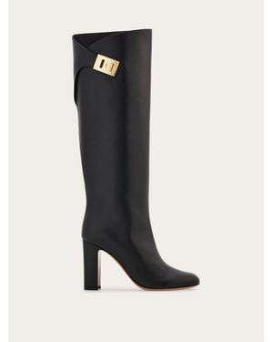 Ferragamo Knee High Boot With Hug Buckle Detail - Black