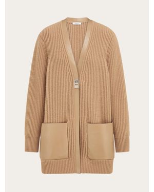 Ferragamo Longline Cardigan With Leather Trims - Natural