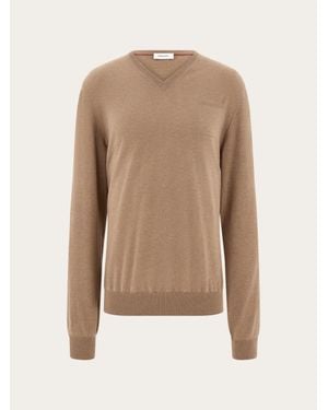 Ferragamo V-Neck Jumper With Pocket Detail - Natural