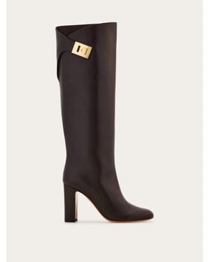 Ferragamo Knee High Boot With Hug Buckle Detail - Black