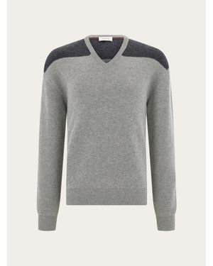Ferragamo V-Neck Jumper With Stripe Detail - Grey