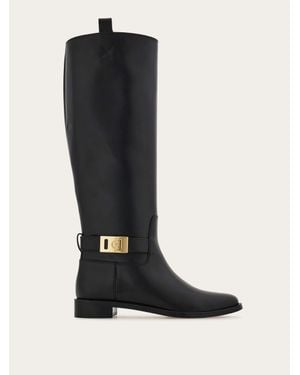 Ferragamo Knee High Boot With Hug Buckle Detail - Black