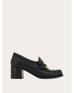 Ferragamo Block Heel Loafer With Gancini Ornament - Black