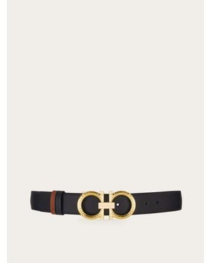 Ferragamo Reversible And Adjustable Belt With Hammered Gancini - White