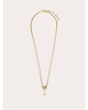 Ferragamo Gancini Pendant Necklace With Pearl And Crystals - Natural