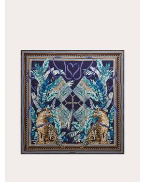 Ferragamo Damen Schultertuch Aus Kaschmir Mit Raubkatzen-Print - Blau