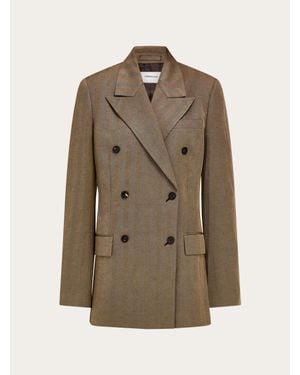 Ferragamo Double Breasted Linen Blend Blazer - Natural