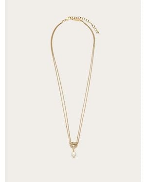 Ferragamo Gancini Pendant Necklace With Pearl And Crystals - Natural