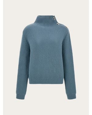 Ferragamo Knitted Mock Neck Sweater With Gancini Detail - Blue