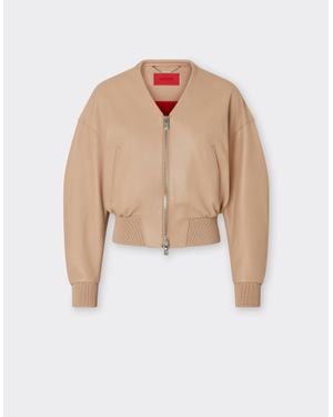 Ferrari Short Leather Bomber Jacket With V-Neck - White