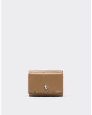 Ferrari Leather Trifold Wallet With Diagonal Stitching - Natural