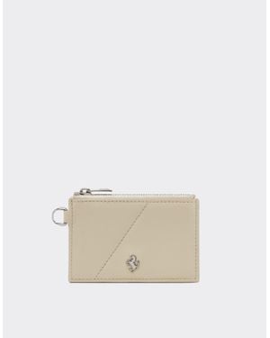 Ferrari Leather Card Case With Diagonal Topstitching And Zipper - Natural