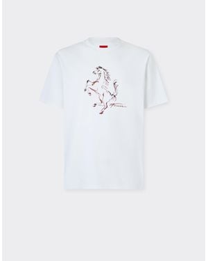Ferrari Cotton T-Shirt With Prancing Horse Print - White