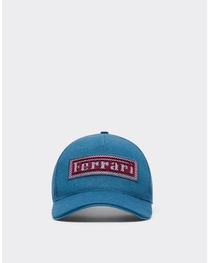 Ferrari Cotton And Leather Baseball Cap With Patch - Blue