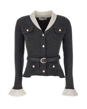 Self-Portrait Cardigan A Costine Con Cintura - Blu