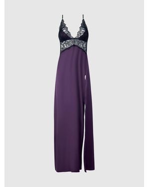 Frederick's of Hollywood Rosalind Satin & Lace Long High Slit Gown - Purple
