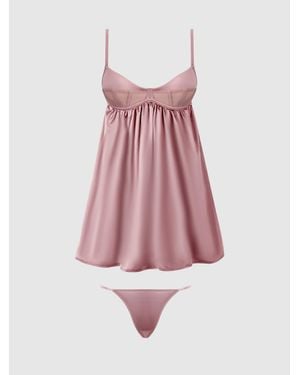 Frederick's of Hollywood Petra Satin & Mesh Unlined Corset Cup Babydoll Set - Pink