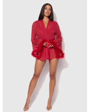 Frederick's of Hollywood Scarlett Marabou & Mesh Short Robe - Red
