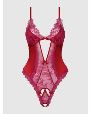Frederick's of Hollywood Rosalind Satin & Lace Crotchless Teddy - Red