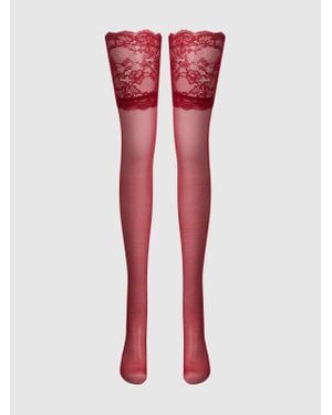 Frederick's of Hollywood Thigh High Sheer Stayups With Tall Lace Band - Red