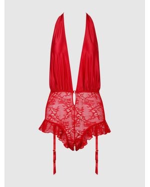 Frederick's of Hollywood Marilyn Monroe Lace & Satin Crotchless Pearl Teddy - Red
