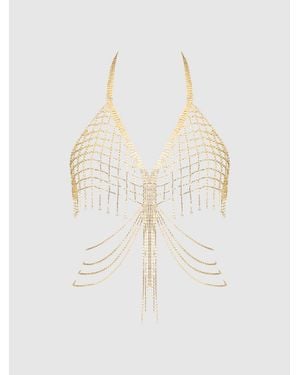 Frederick's of Hollywood Ziggy Rhinestone Net & Fringe Halter Bralette - White