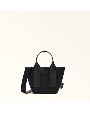 Furla Piuma Tote-Bag Nero Recyceltes Nylongewebe Mit Colourblock-Effekt + Strukturiertes Leder Damen - Schwarz