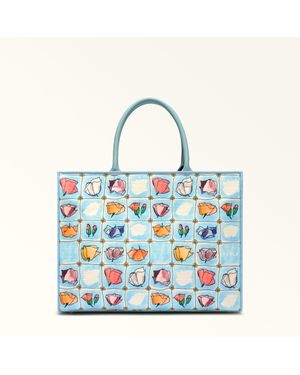Furla Opportunity Borsa Shopping Toni Turchese Tessuto Di Tela Con Stampa Papaveri Pop Donna - Blu