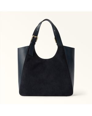 Furla Dora Tote Toni Mediterraneo Suede + Sidney Calf Leather - Black