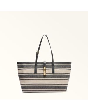 Furla Debby Tote Toni Canvas Stripes Fabric + Sidney Calf Leather - Grey