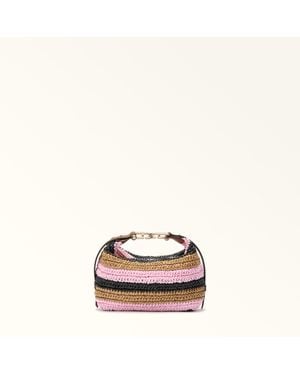 Furla Tonie Shoulder Bag Xl Toni Cognac Crochet Stripes Fabric + Sidney Calf Leather - Brown