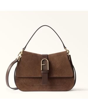 Furla Flow Borsa A Mano Toni Cioccolato Camoscio + Pelle Di Vitello Claris Lux Donna - Marrone