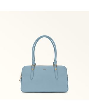 Furla Giulia Boston-Tasche Carta Da Zucchero Strukturiertes Leder + Wildleder Damen - Blau
