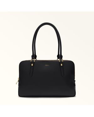 Furla Giulia Boston-Tasche L Nero Strukturiertes Leder + Wildleder Damen - Schwarz
