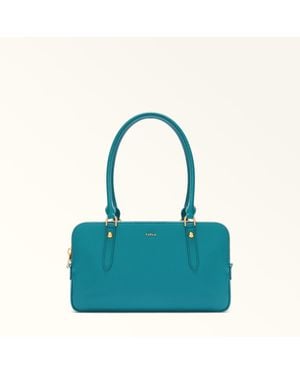 Furla Giulia Boston-Tasche Amatore Strukturiertes Leder + Wildleder Damen - Blau