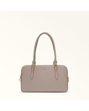 Furla Giulia Boston Bag Linen Textured Leather + Suede - Grey