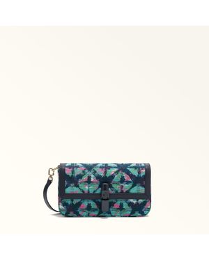 Furla Iride Crossbody Toni Ink Flowers Jacquard Fabric + Sidney Calf Leather - Blue