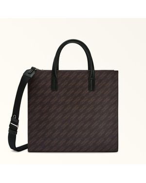 Furla Sirio Tote Toni Caffe' Coated Fabric With Arch Chain Print + Soft Calf Leather - Black