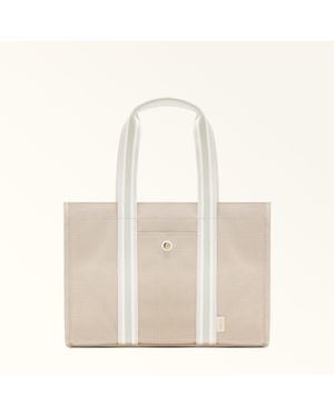 Furla Duna Tote Toni Naturale Canvas Fabric + Striped Fabric - White
