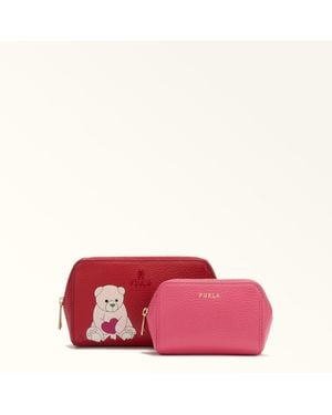 Furla Camelia Beauty Case Toni M1 Pelle Granata Di Vitello Eracle Con Stampa Orso Cuore Donna - Rosa