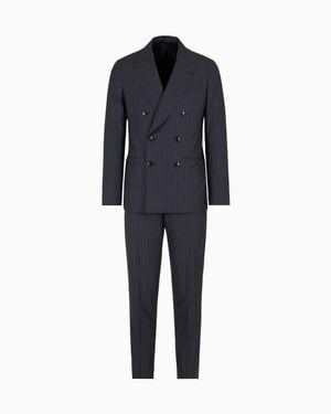Giorgio Armani Napoli Line Double-Breasted Pinstriped Suit - Blue