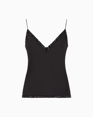 Giorgio Armani V-Neck Silk Top With Embroidery - Black