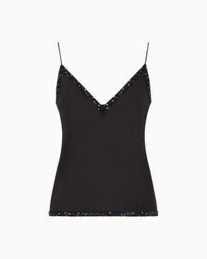 Giorgio Armani V-Neck Silk Top With Embroidery - Black