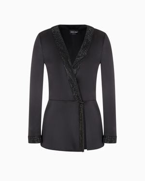 Giorgio Armani Long Satin Jacket With Rhinestone And Crystal Trim - Black